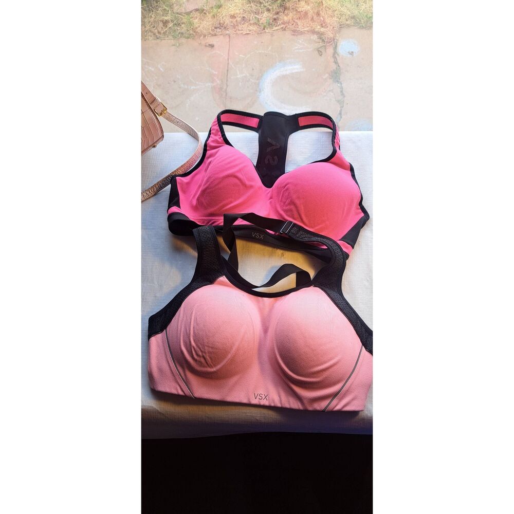 Lot of 2 Victoria’s Secret VSX Sport Bras 36C Pink Black Racerback Padded Wirele